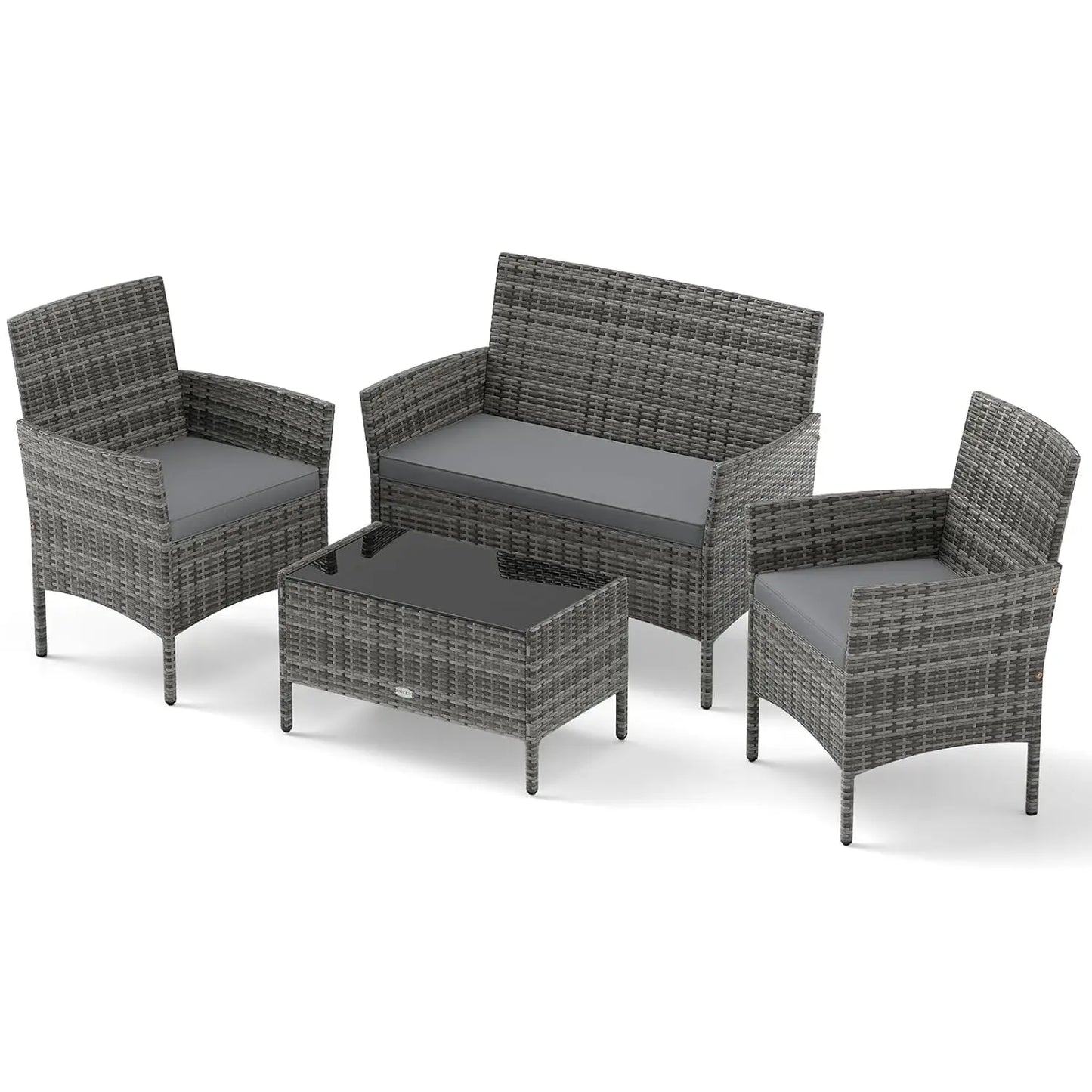 Rattan Outdoor 4-Piece Patio Set With Cushions And Glass Coffee Table