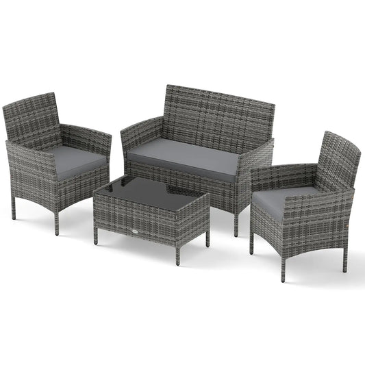 Rattan Outdoor 4-Piece Patio Set With Cushions And Glass Coffee Table