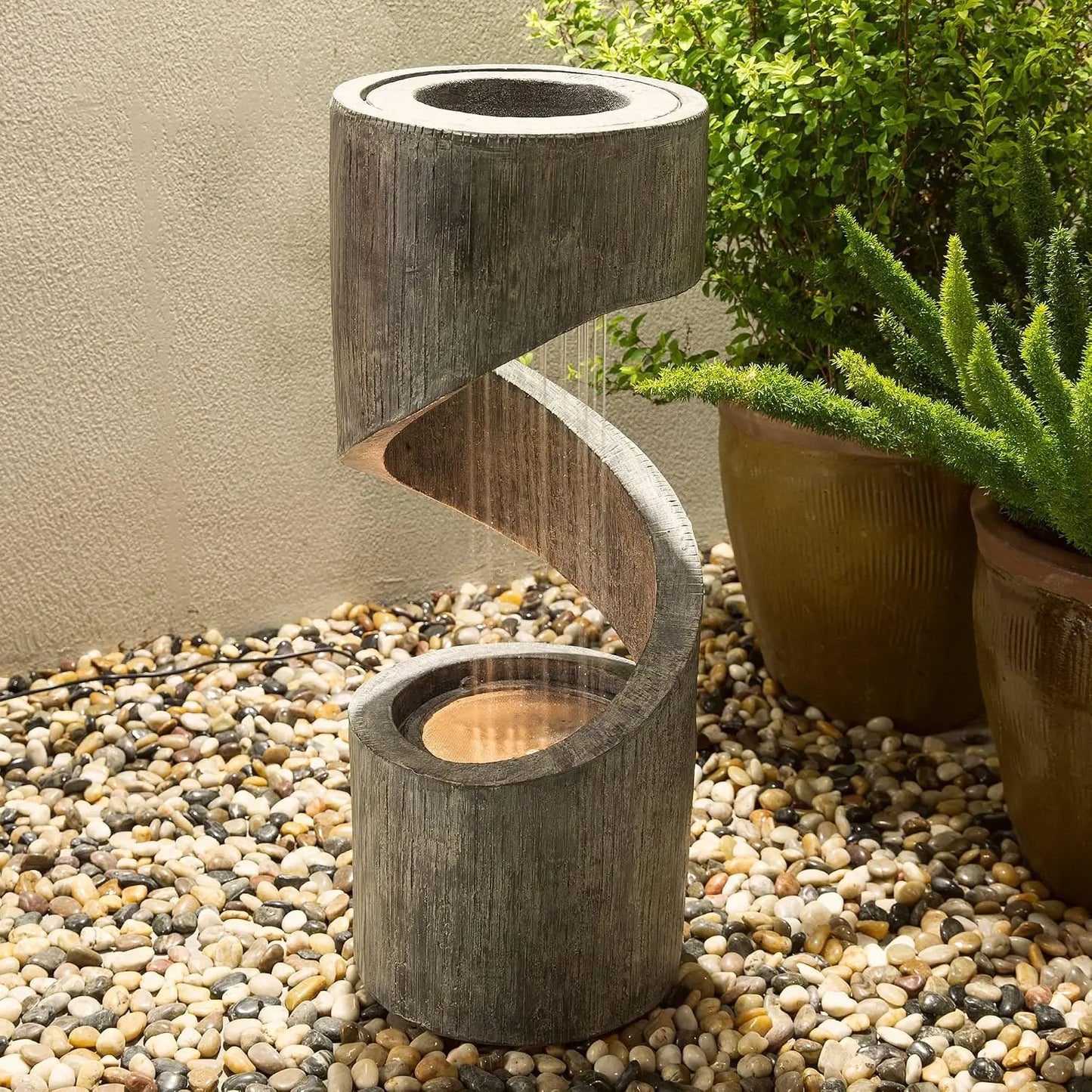 Outdoor LED Water Fountain with Spiral Waterfall and Stone Planter