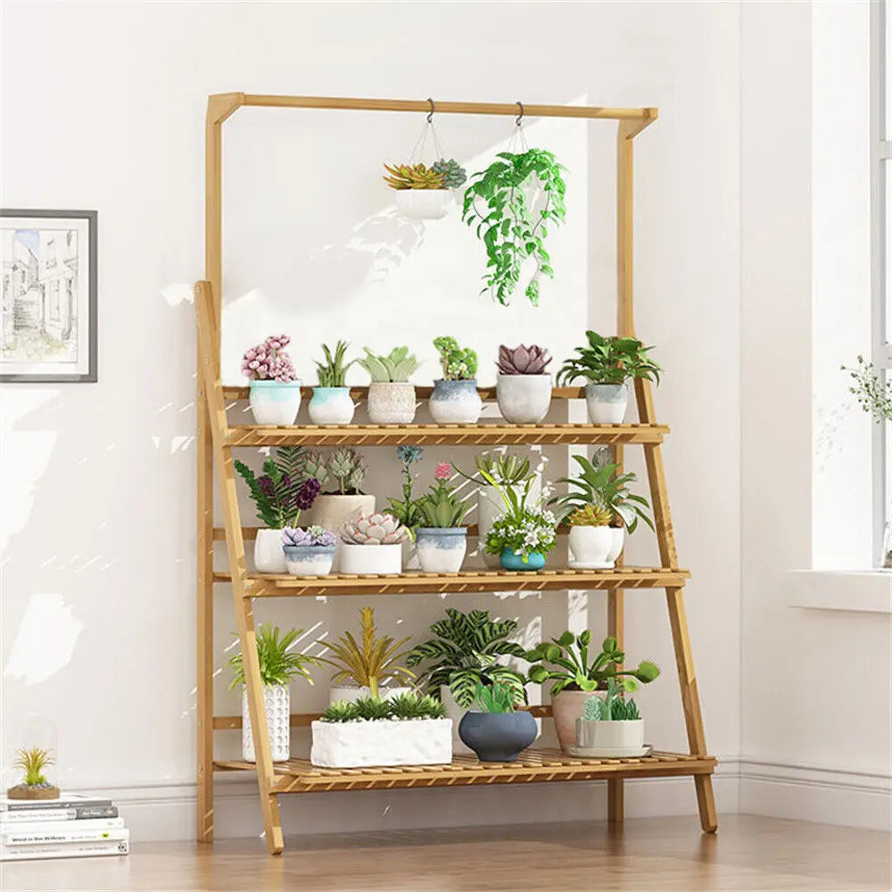 Bamboo 3 Tier Plant Stand Folding Indoor Outdoor Garden Shelf