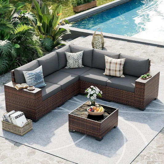 UDPATIO 6 Piece Outdoor Patio Furniture Set With Wicker Table