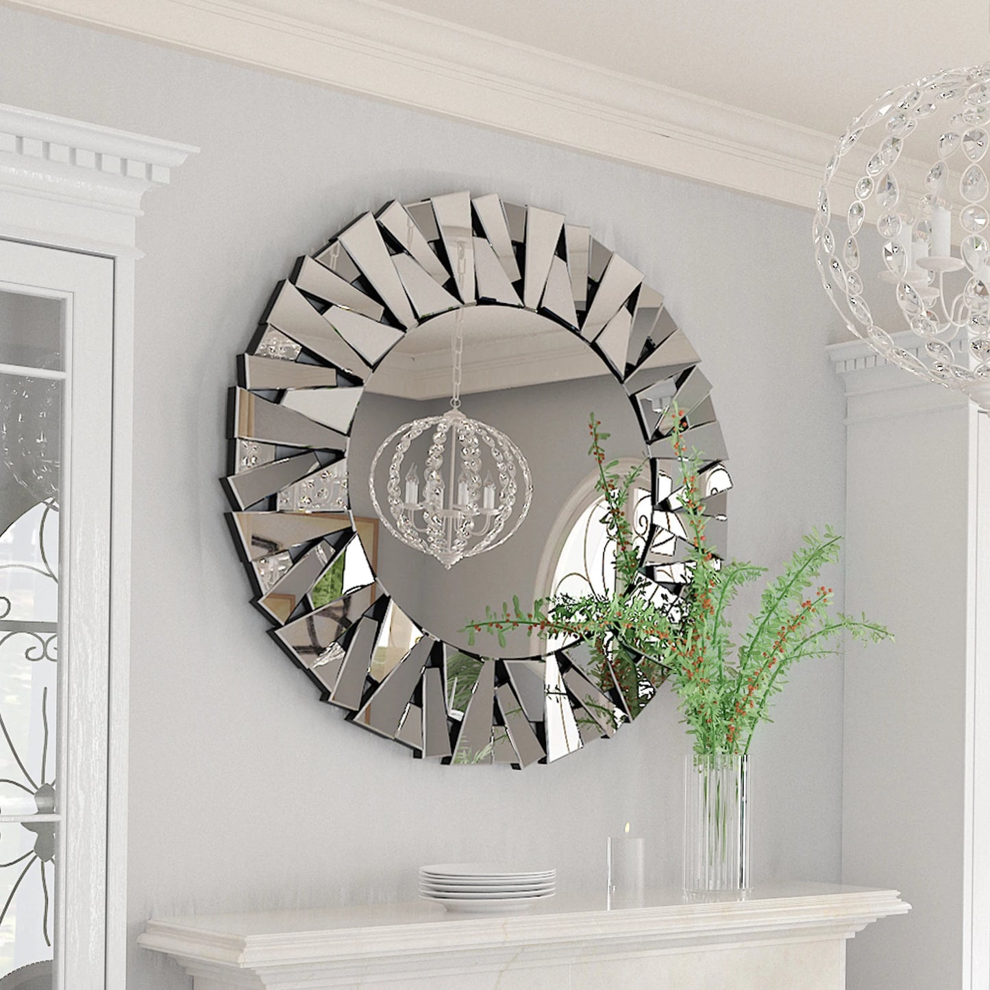 Sunburst Round Mirror Wall Decor With Beveled Glass