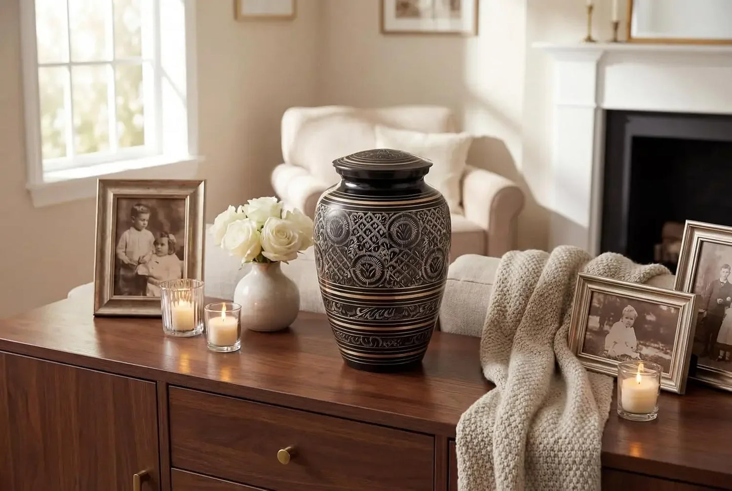 Platinum Brass Cremation Urn For Adult Ashes Handcrafted Memorial