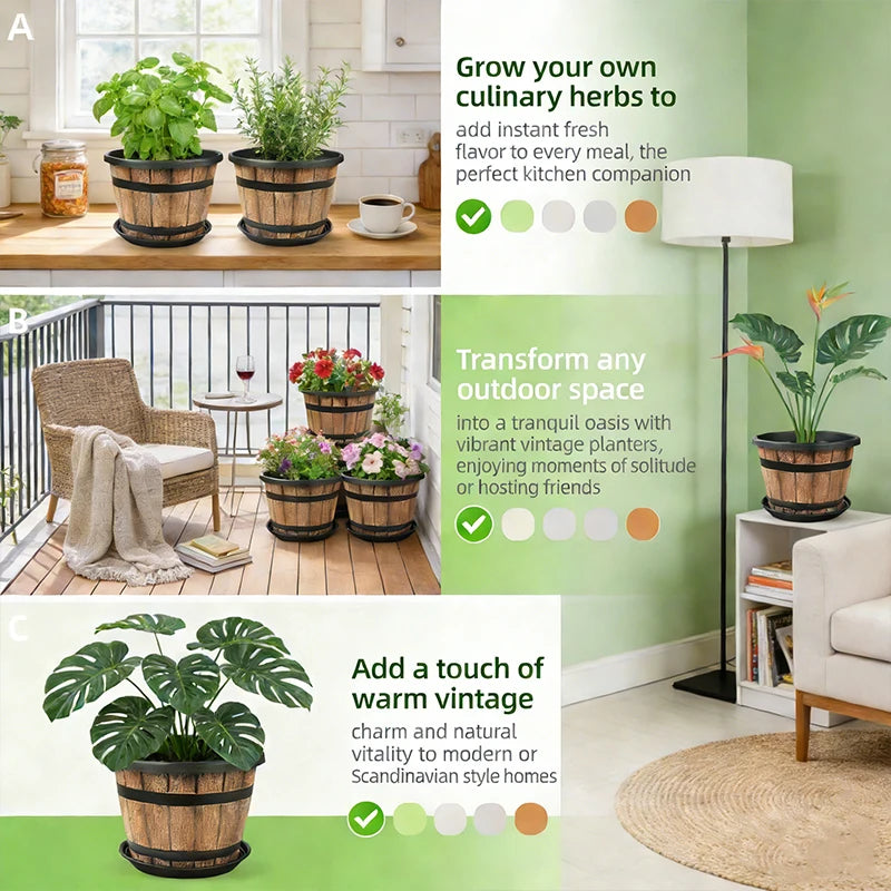 Indoor Resin Planter Barrel Style Flower Pot For Home Balcony