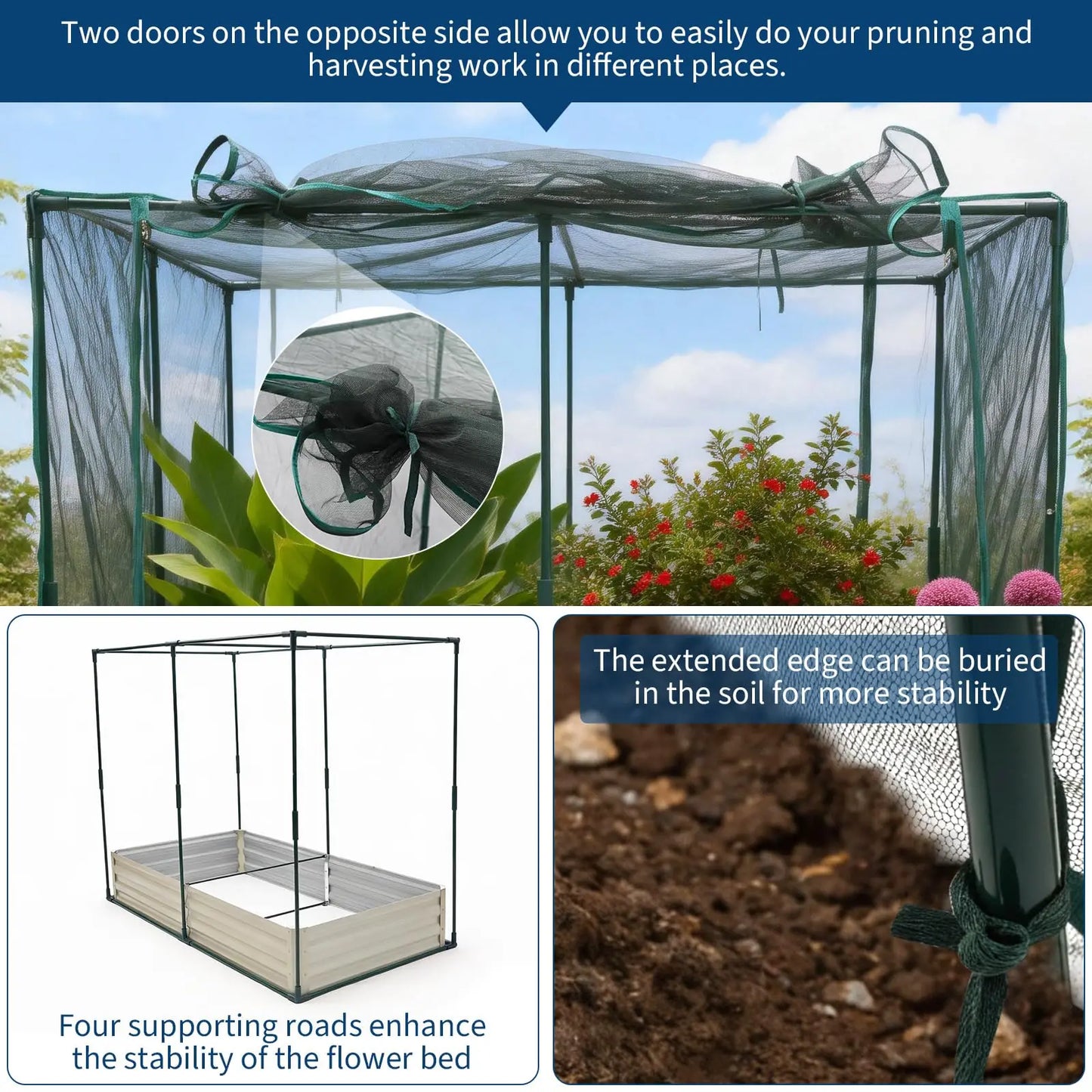 Raised Garden Bed With Plant Netting Cover And Zippered Door