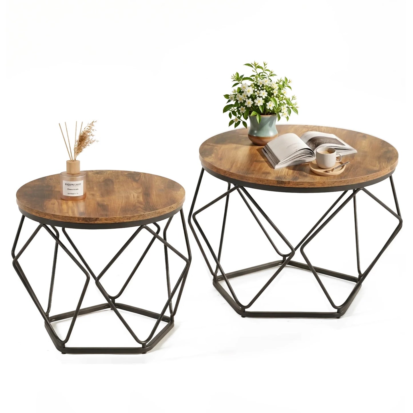 JHK Round Geometric Coffee Tables Set 2 With Hidden Storage