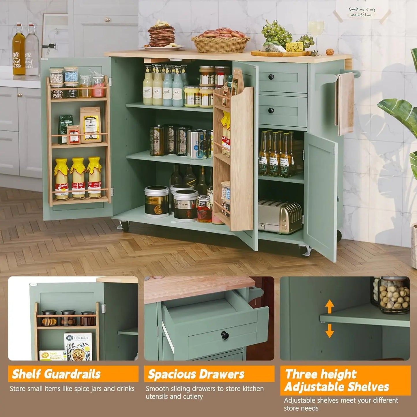 Kitchen Island With Storage And Drop Leaf Countertop On Wheels