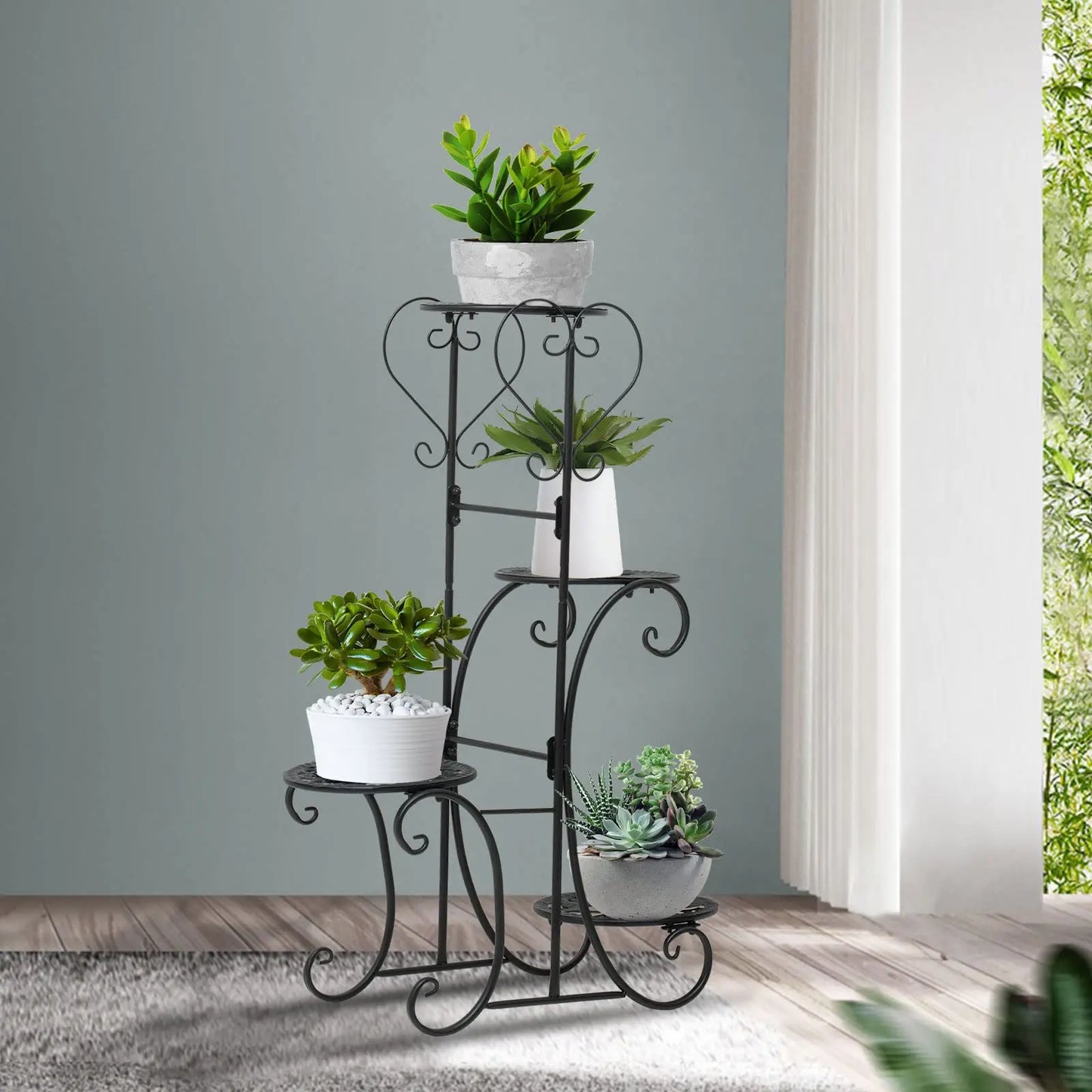 Wrought Iron Plant Stand for Four Pots Outdoor Garden Decor
