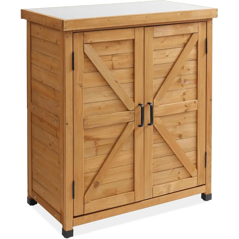 Wooden Outdoor Garden Potting Bench With Metal Tabletop And Cabinet