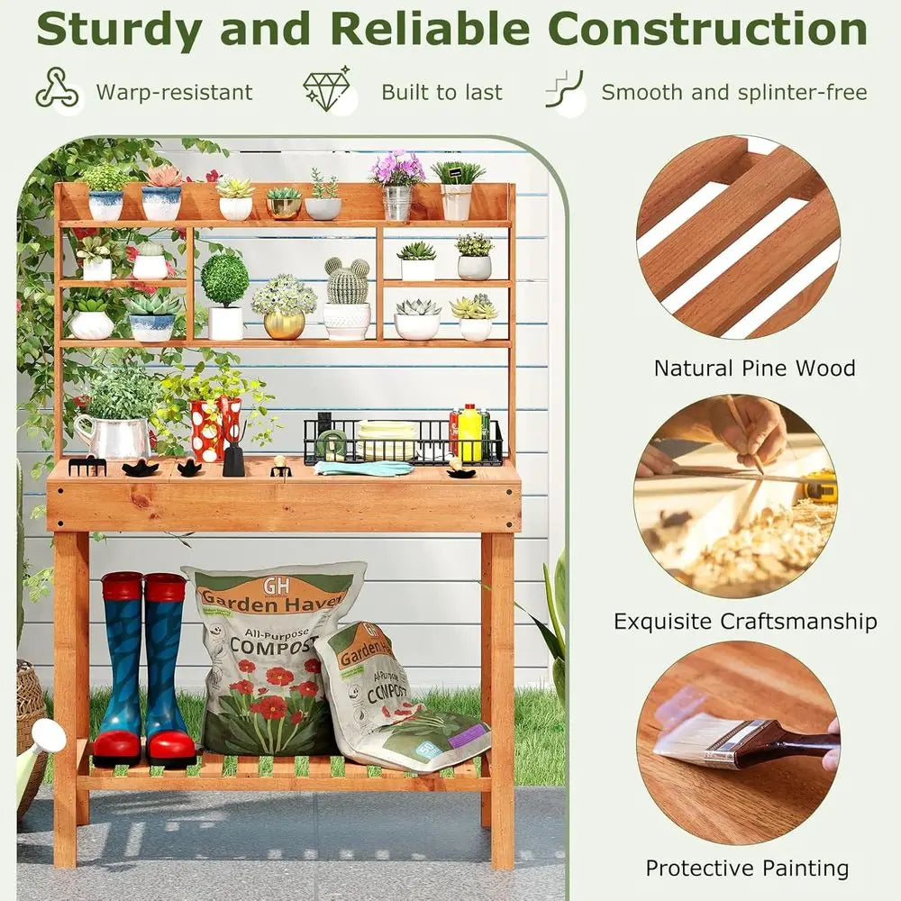 Potting Bench Table Outdoor Solid Wood Gardening Workstation