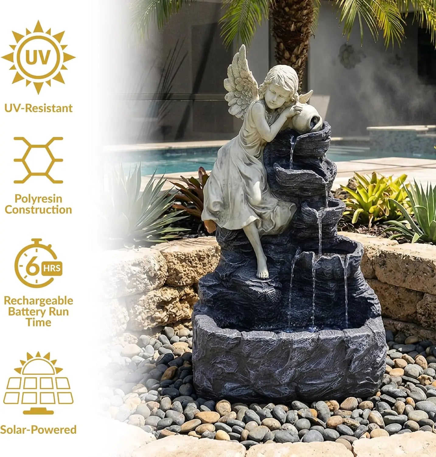 Sunnydaze Angel Falls Outdoor Solar Water Fountain With LED Light
