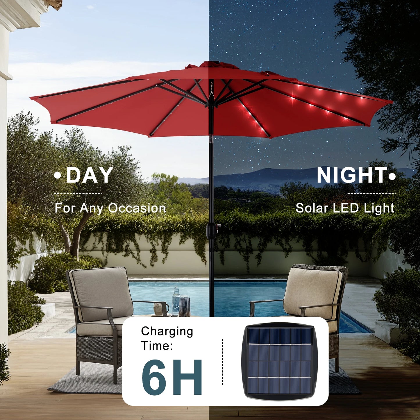 JHK UV-Resistant Solar Patio Umbrella with 32 LED Lights