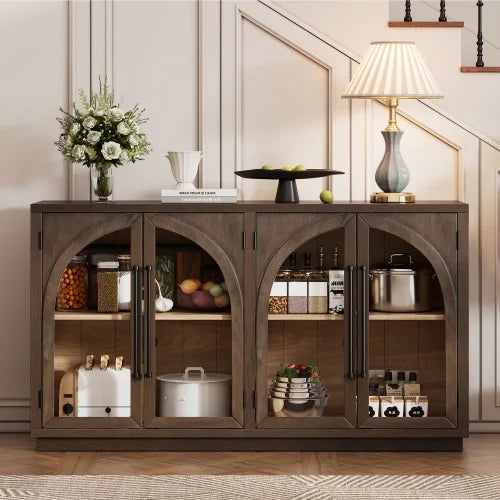 Arched 4-Door Sideboard Buffet Cabinet With Glass Doors