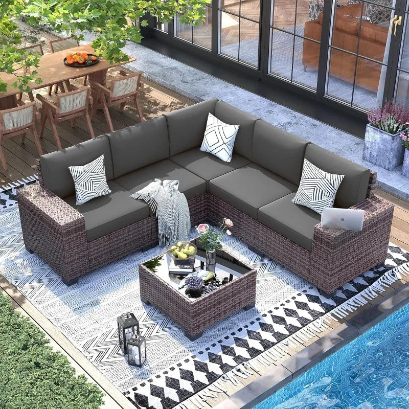 UDPATIO 6 Piece Outdoor Patio Furniture Set With Wicker Table