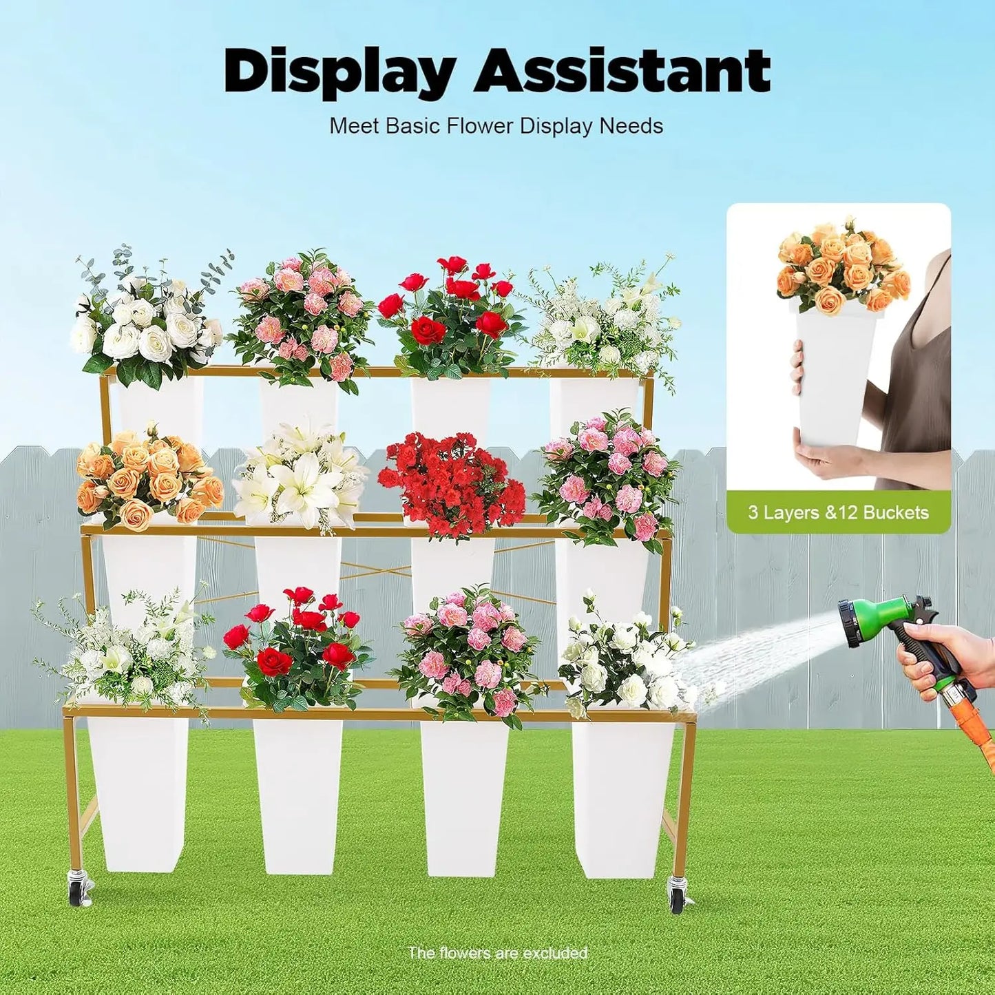 Flower Display Stand With Wheels, 3-Tier Plant Cart, Heavy Duty Indoor