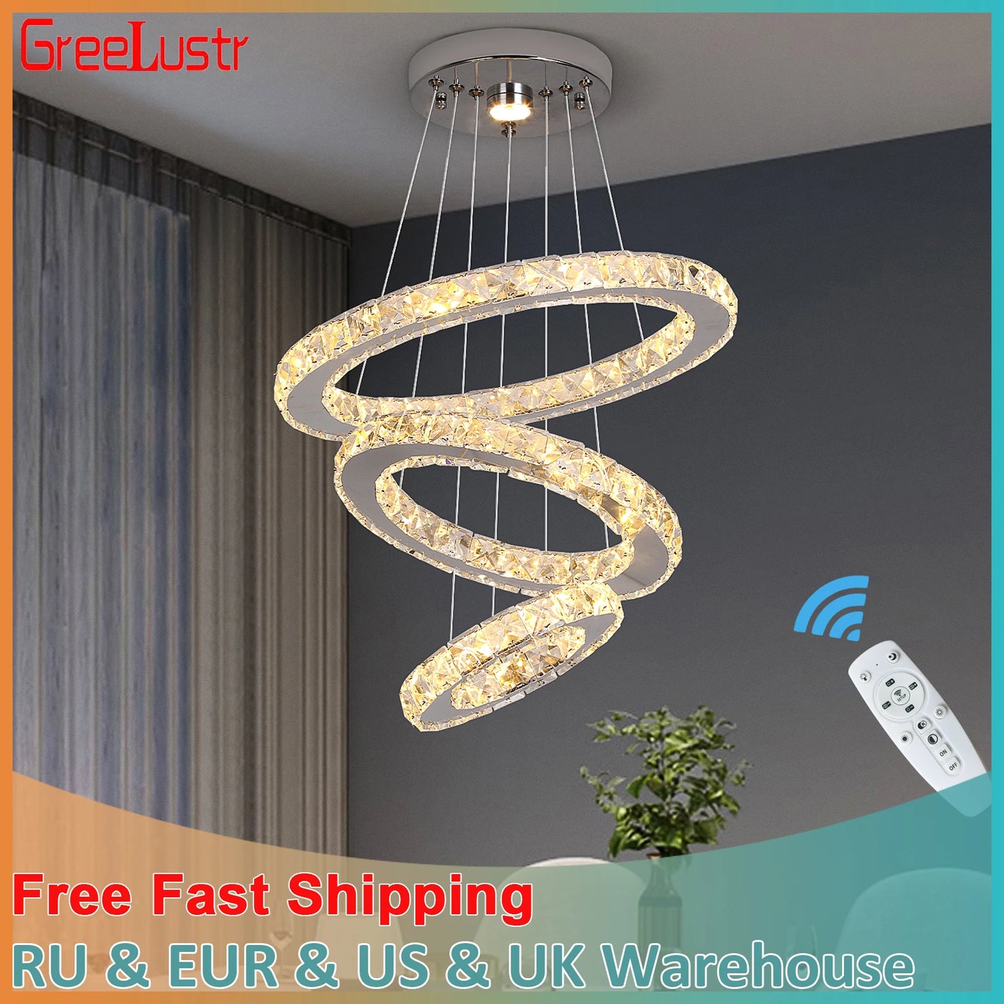 GreeLustr Modern Pendant Crystal Ring Chandelier For Living Room