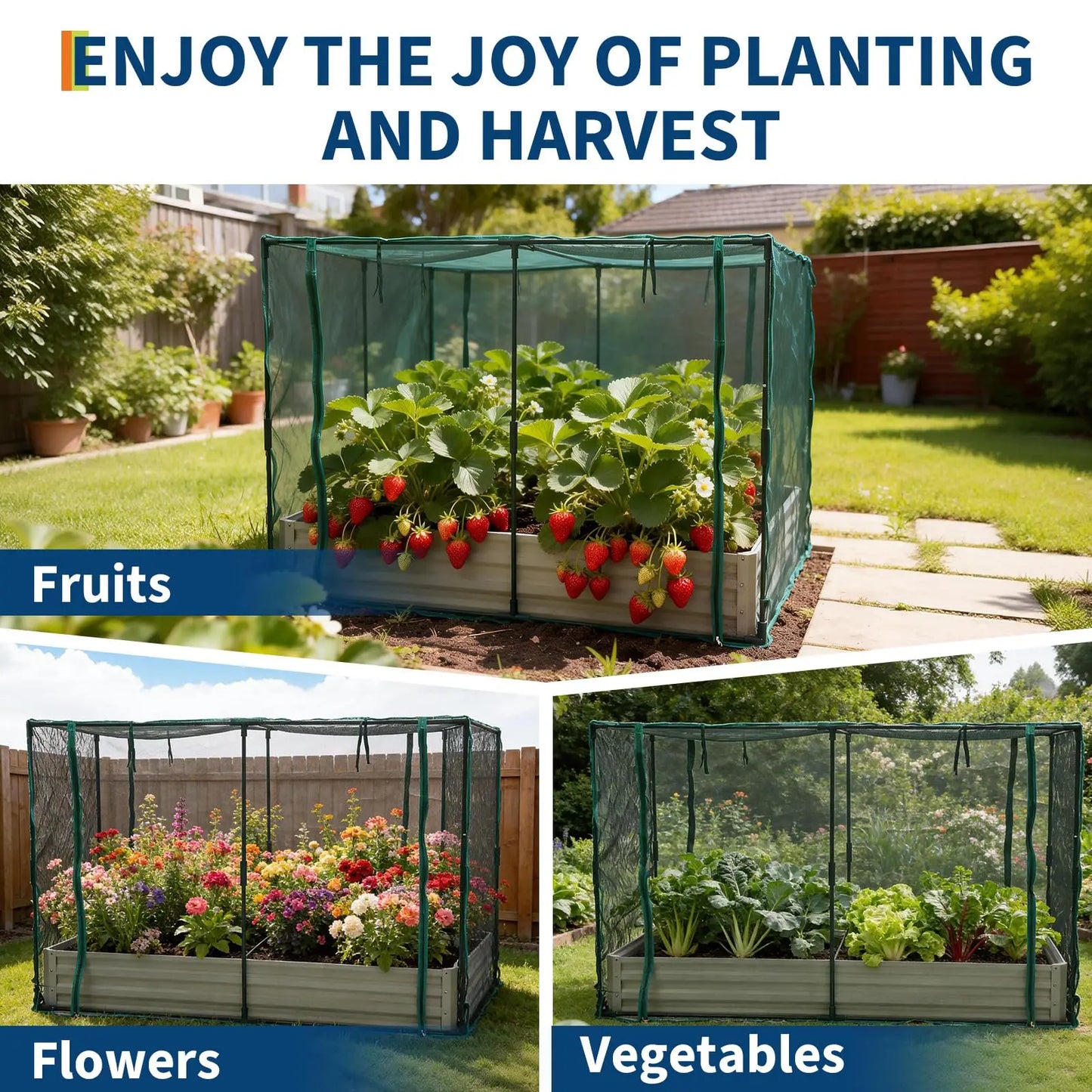 Raised Garden Bed With Plant Netting Cover And Zippered Door