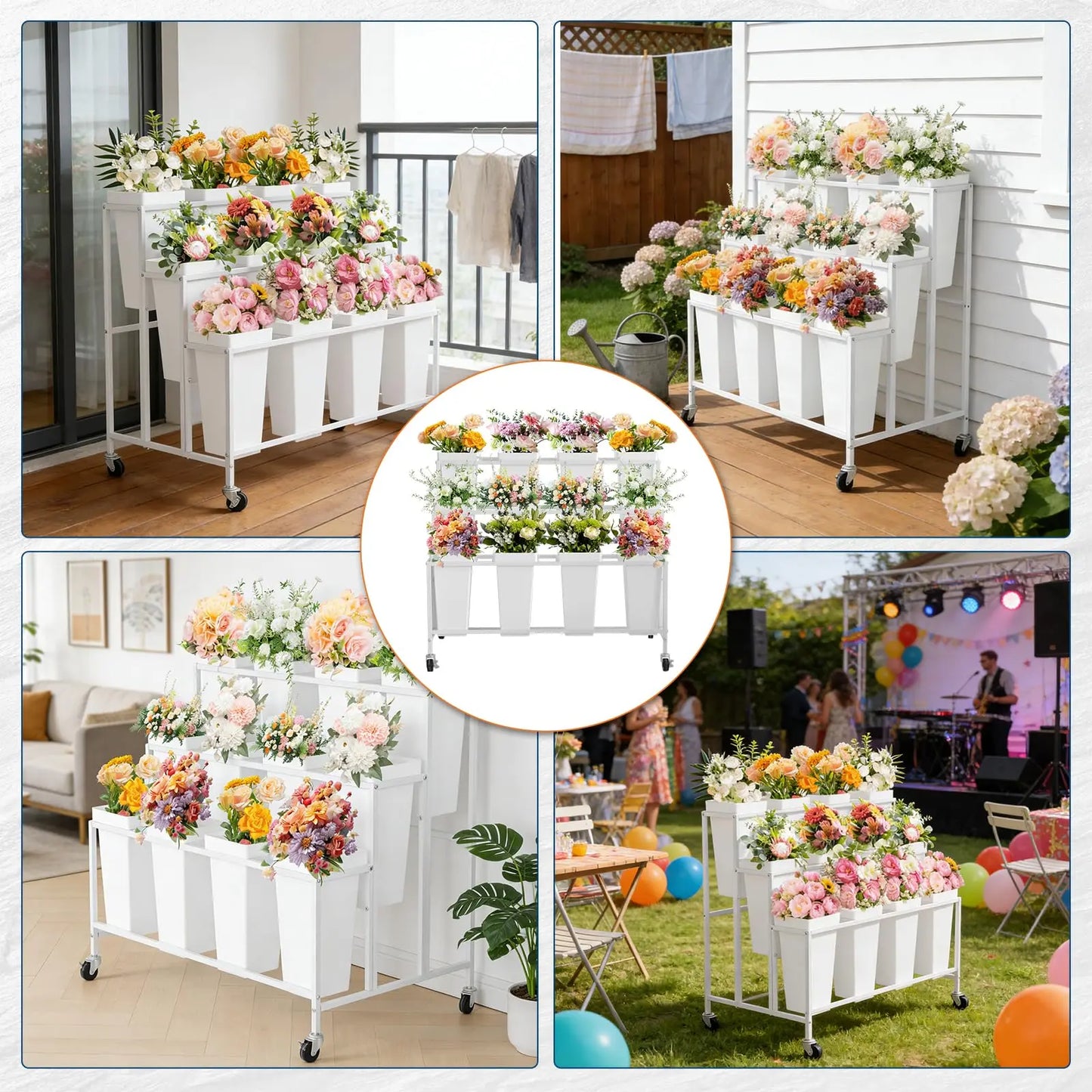 HiMISS 3 Tier Rolling Flower Display Stand With Buckets