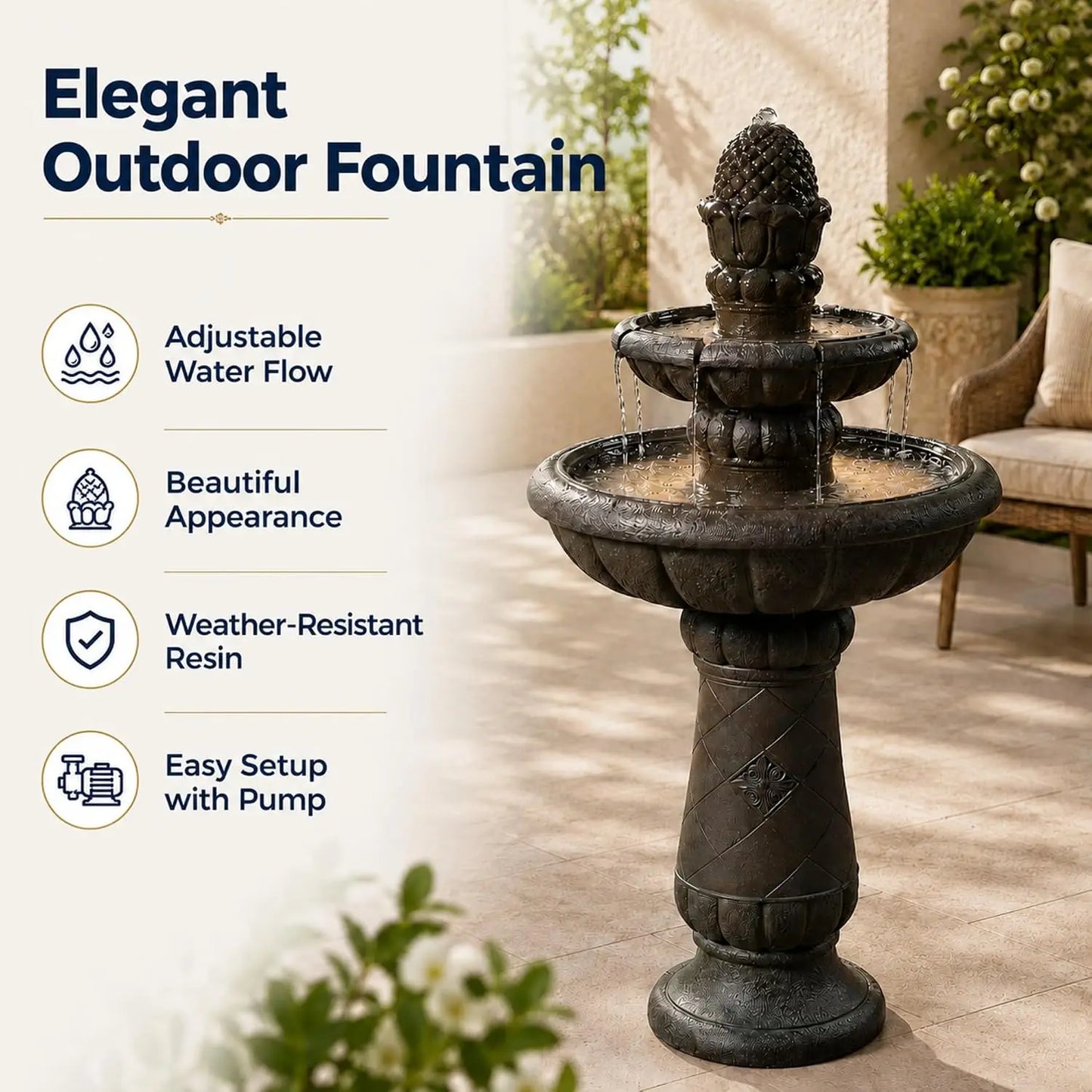Deluxe Pineapple Pedestal 2 Tier Waterfall Fountain With Pump