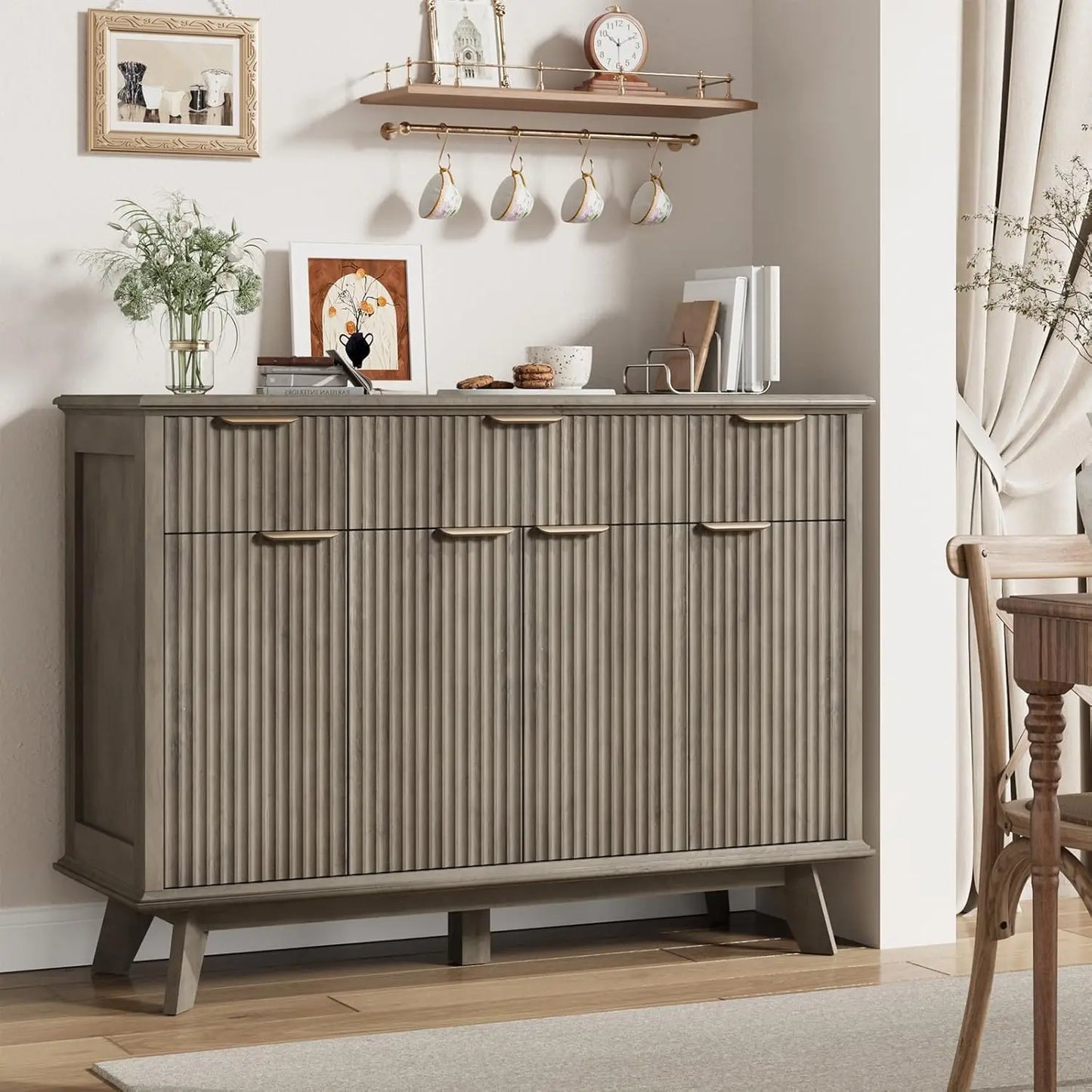 QUW Fluted Sideboard Buffet Cabinet With Charging Station