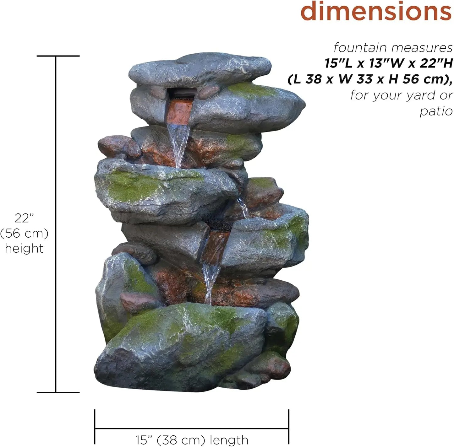 Outdoor Rock Waterfall Fountain With LED Lights, 3-Tier