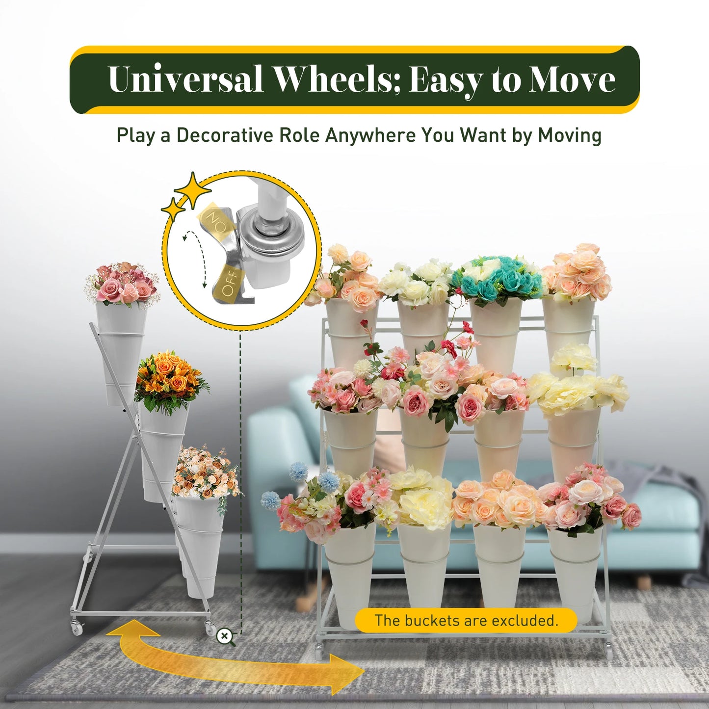 CNCEST Three-Tier Flower Display Stand With 12 Buckets And Wheels