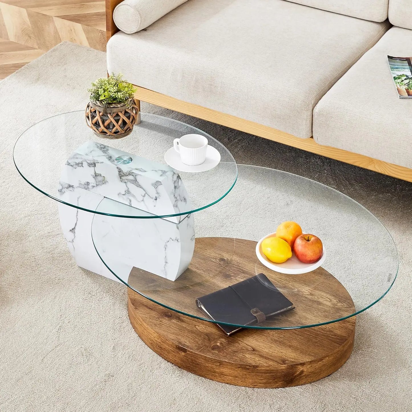 Round Glass Coffee Table With Wood Base Storage Modern Design