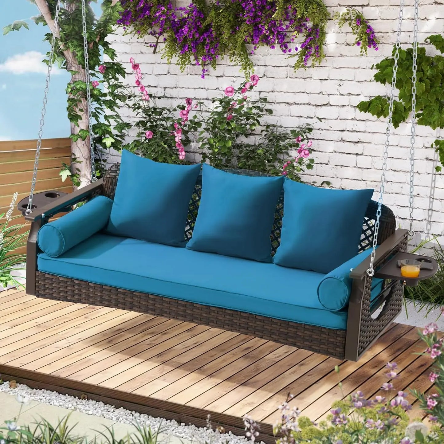 Outdoor 3 Seat Porch Swing with Cup Holders and Cushions