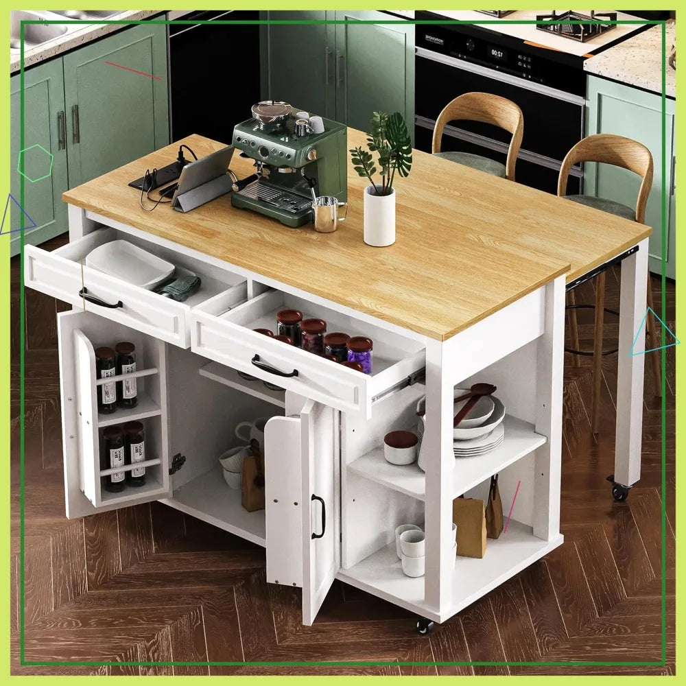 Kitchen Island With Extendable Table Power Outlet Storage Drawers Cabinets