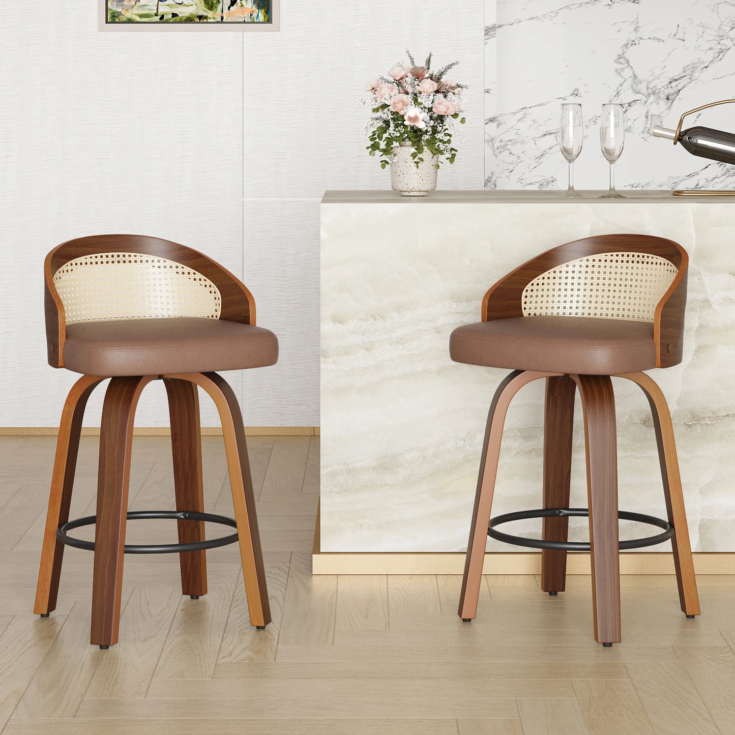 FARINI 2 Bar Stools With Rattan Back And PU Leather