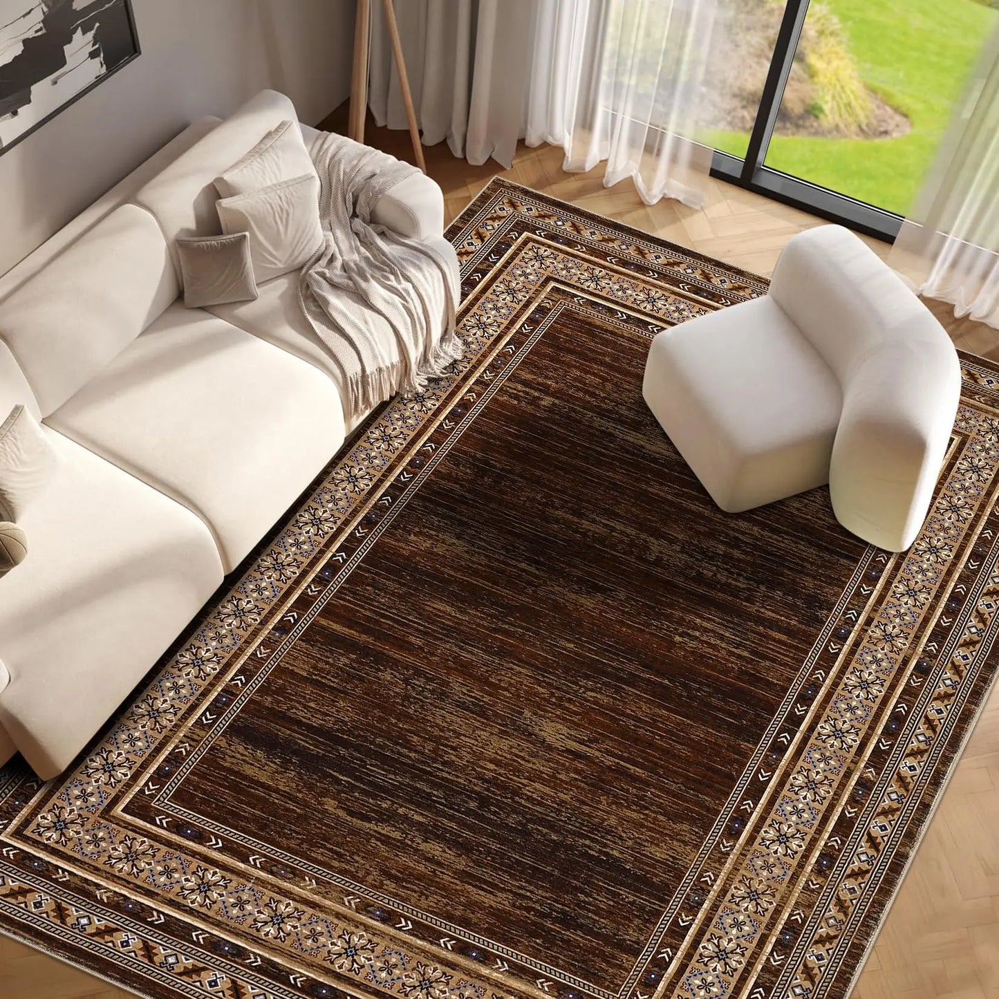 Washable Area Rug Modern Low Pile Non Slip Bordered Carpet