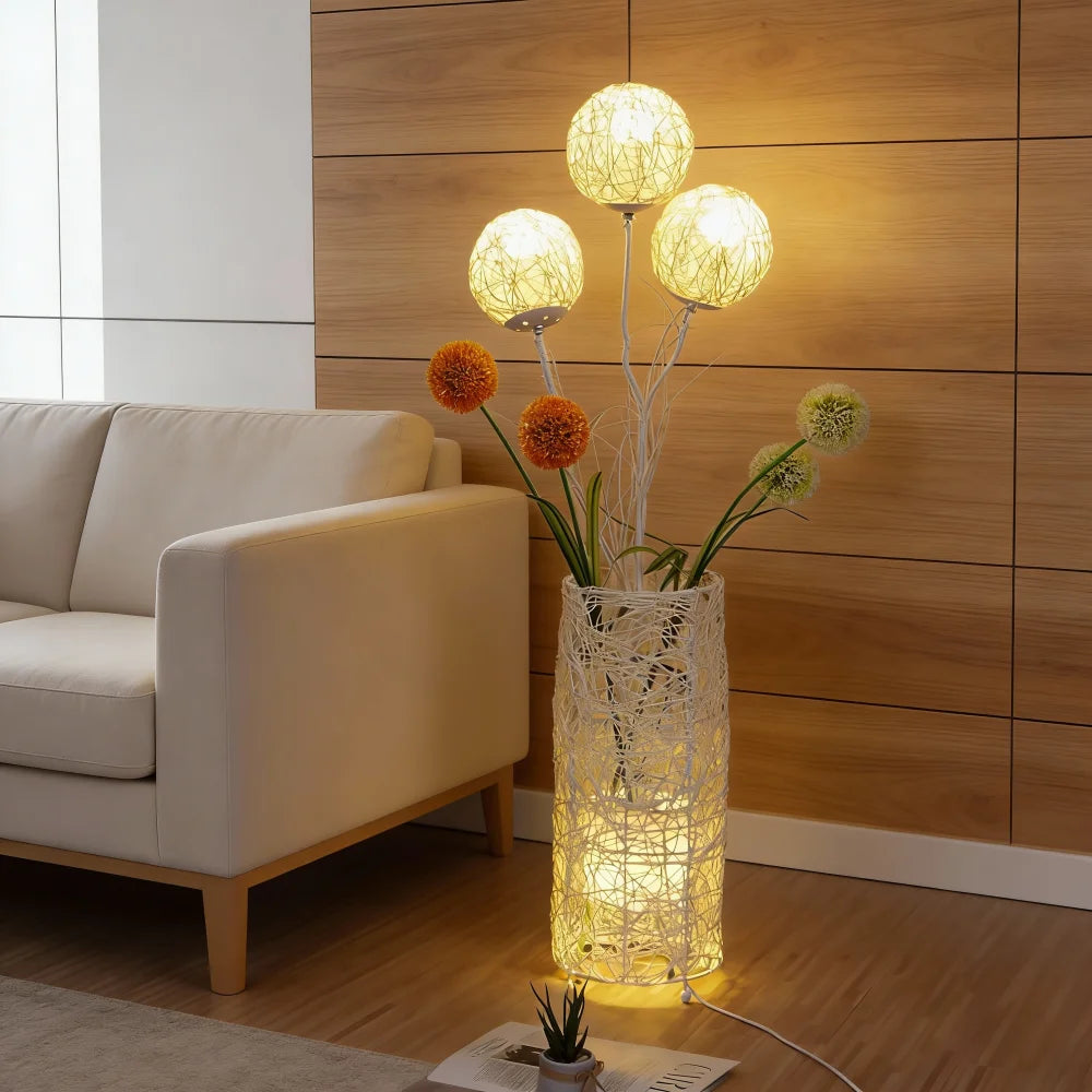 Modern Handwoven Rattan Floor Lamp with Lampshade and LED Bulb