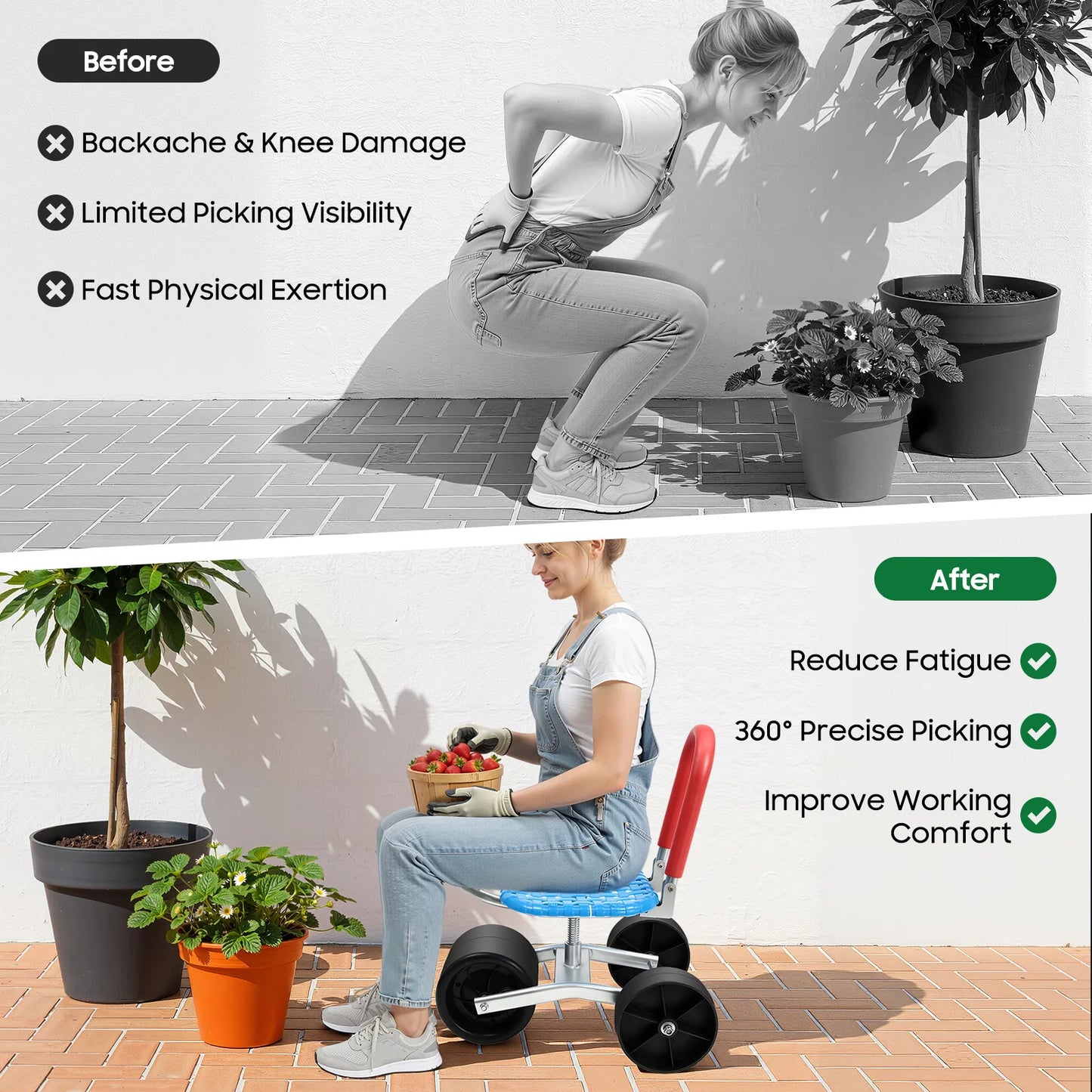 Bymaocar Three Wheel Rolling Garden Stool With 360 Degree Swivel Steel Frame