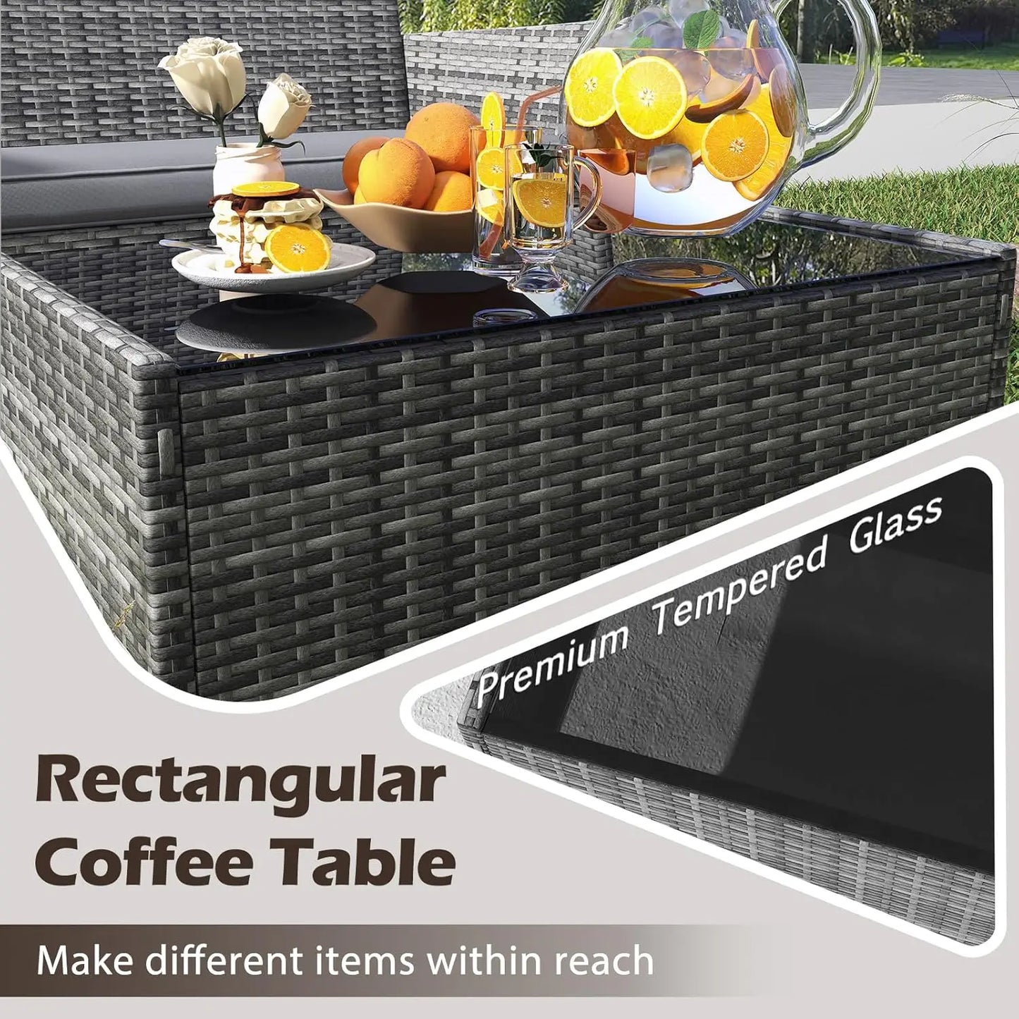 Rattan Outdoor 4-Piece Patio Set With Cushions And Glass Coffee Table