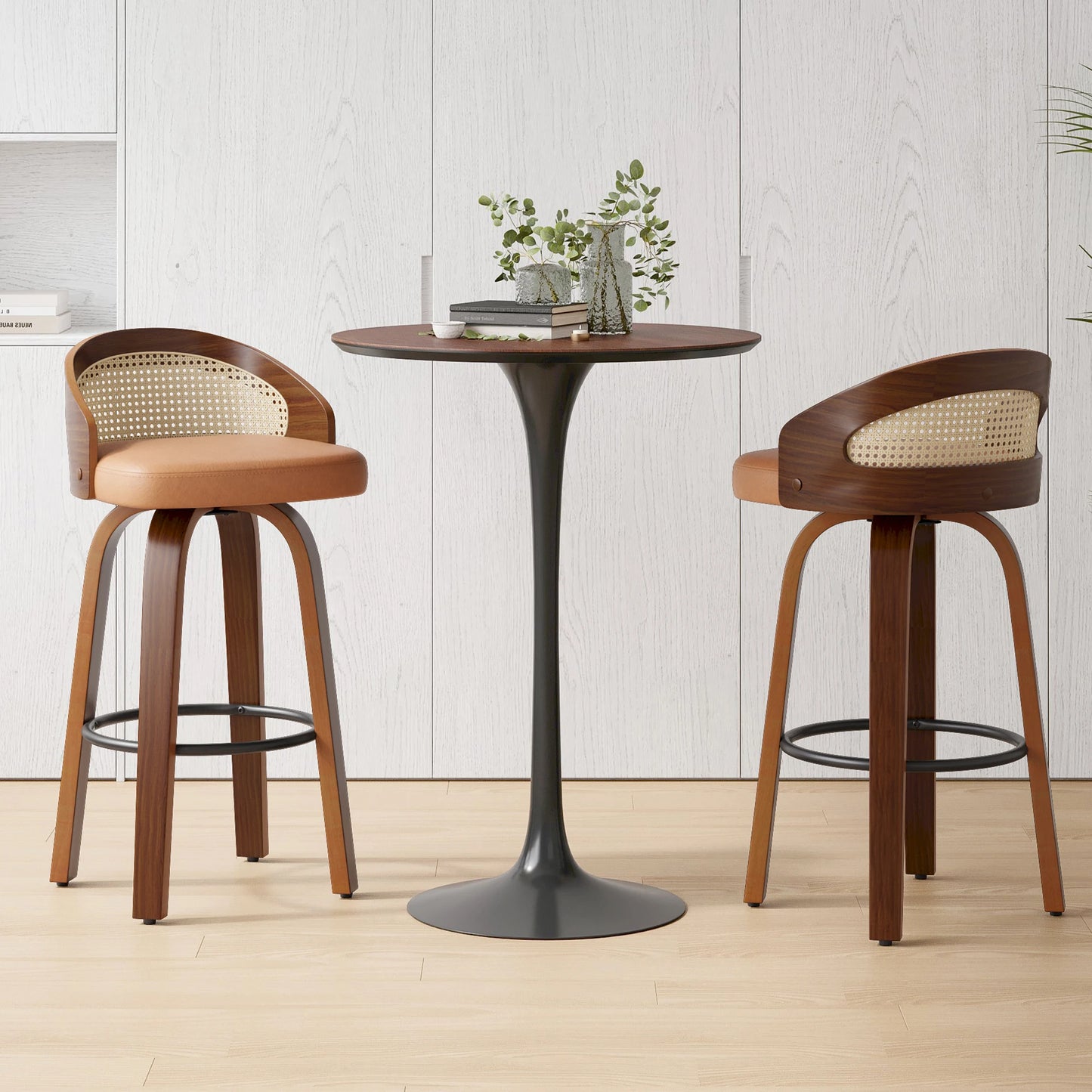 FARINI 2 Bar Stools With Rattan Back And PU Leather