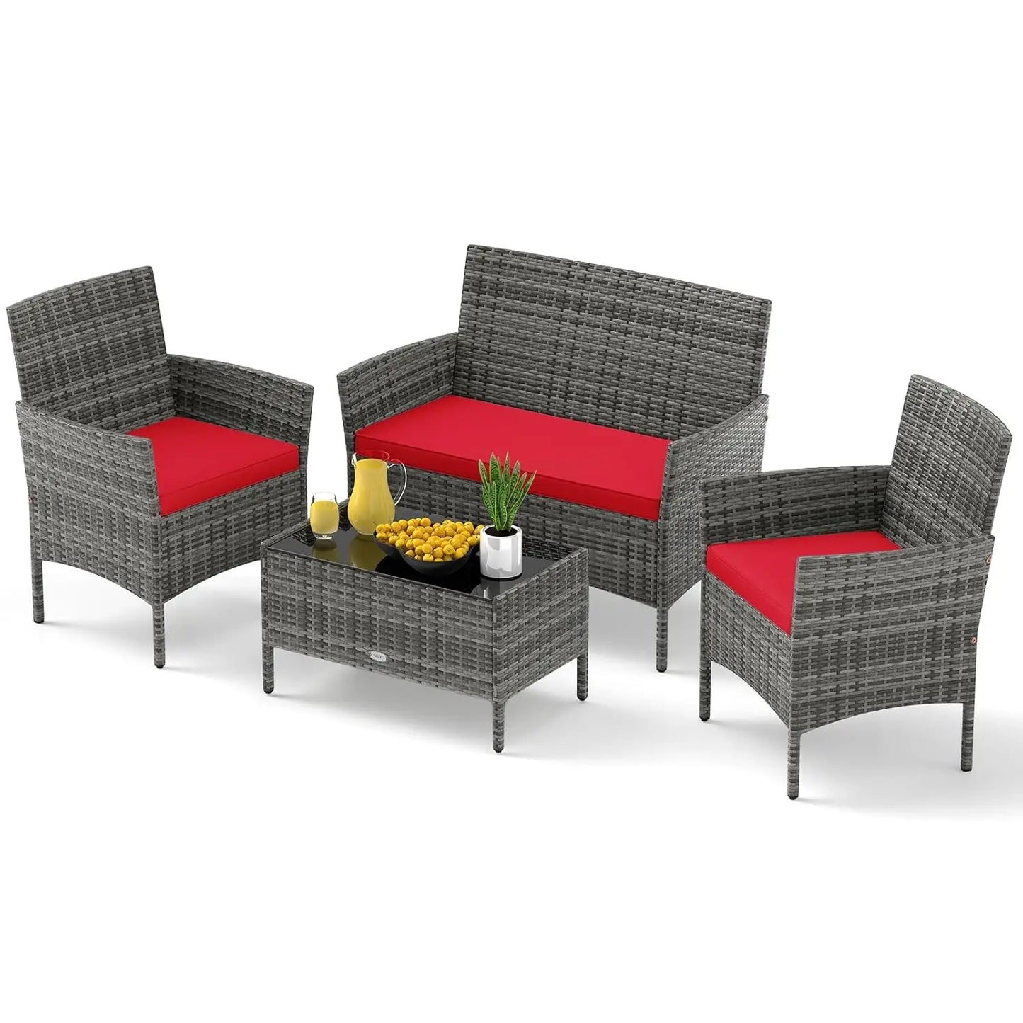 Rattan Outdoor 4-Piece Patio Set With Cushions And Glass Coffee Table