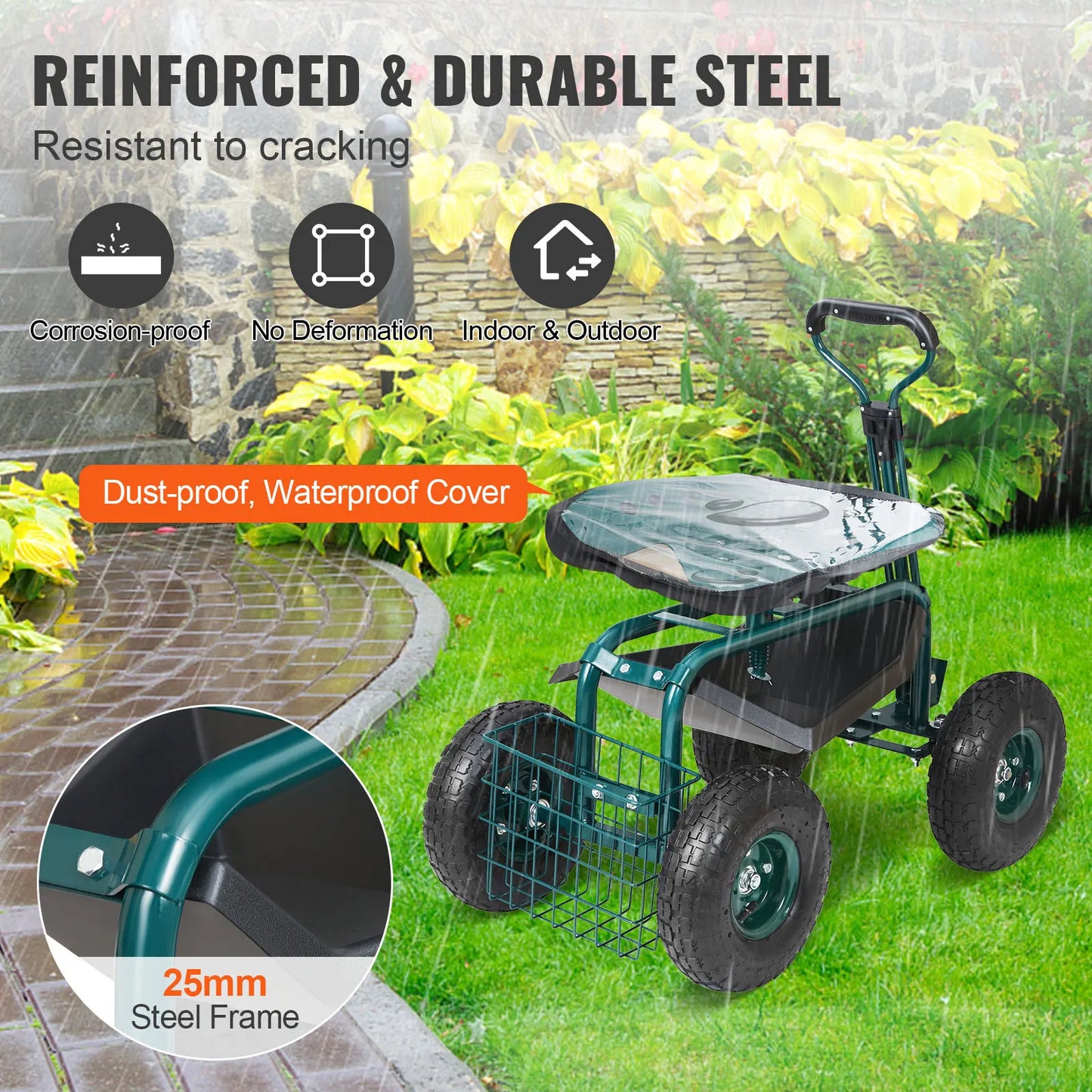 SucceBuy Garden Cart Rolling Workseat With 360 Degree Swivel Seat