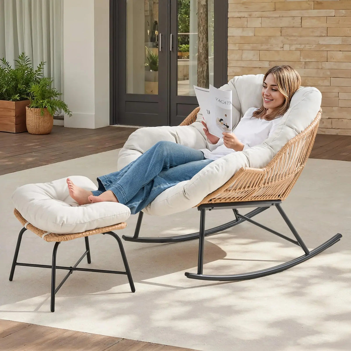 ONBRILL Rattan Papasan Rocking Chair And Ottoman Lounge Set