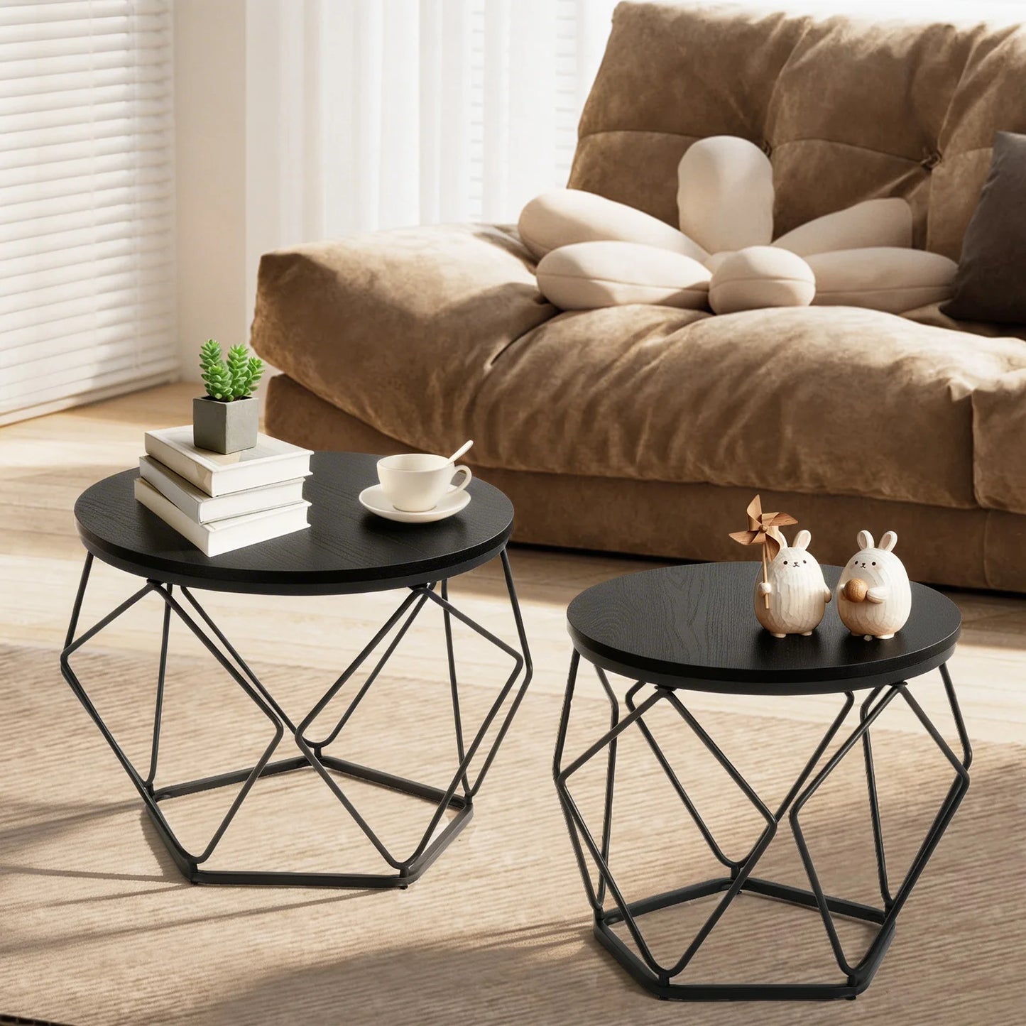 JHK Round Geometric Coffee Tables Set 2 With Hidden Storage