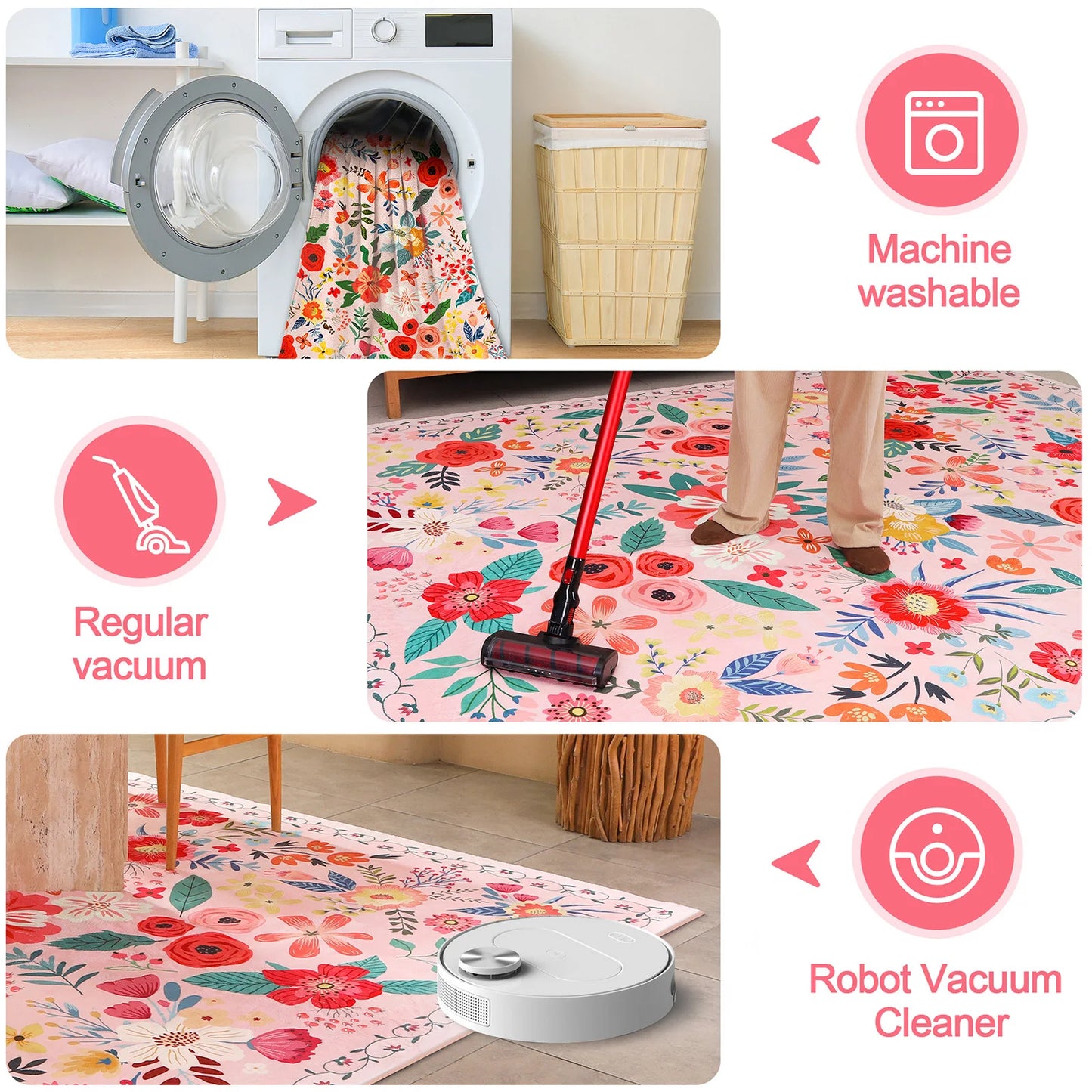 Boho Floral Washable Rug Non Slip Low Pile For Home