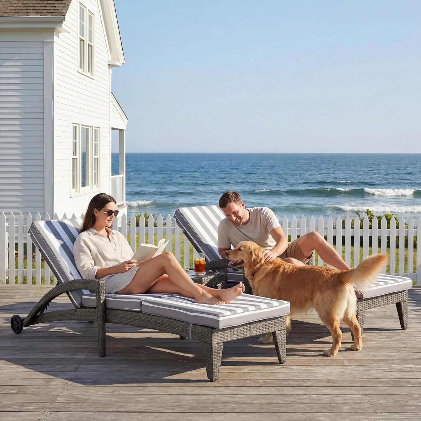 Outdoor Wicker Reclining Chaise Lounge Set 4 Position Adjustable Chairs
