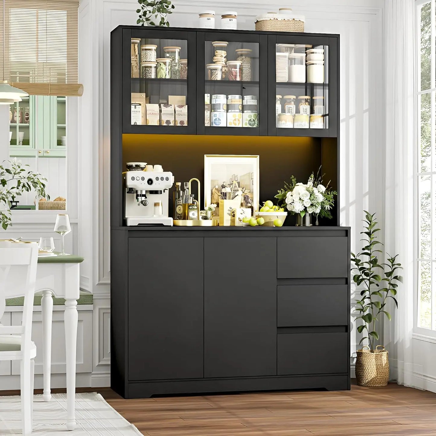 Kitchen Pantry Cabinet With LED Lights And Charging Station