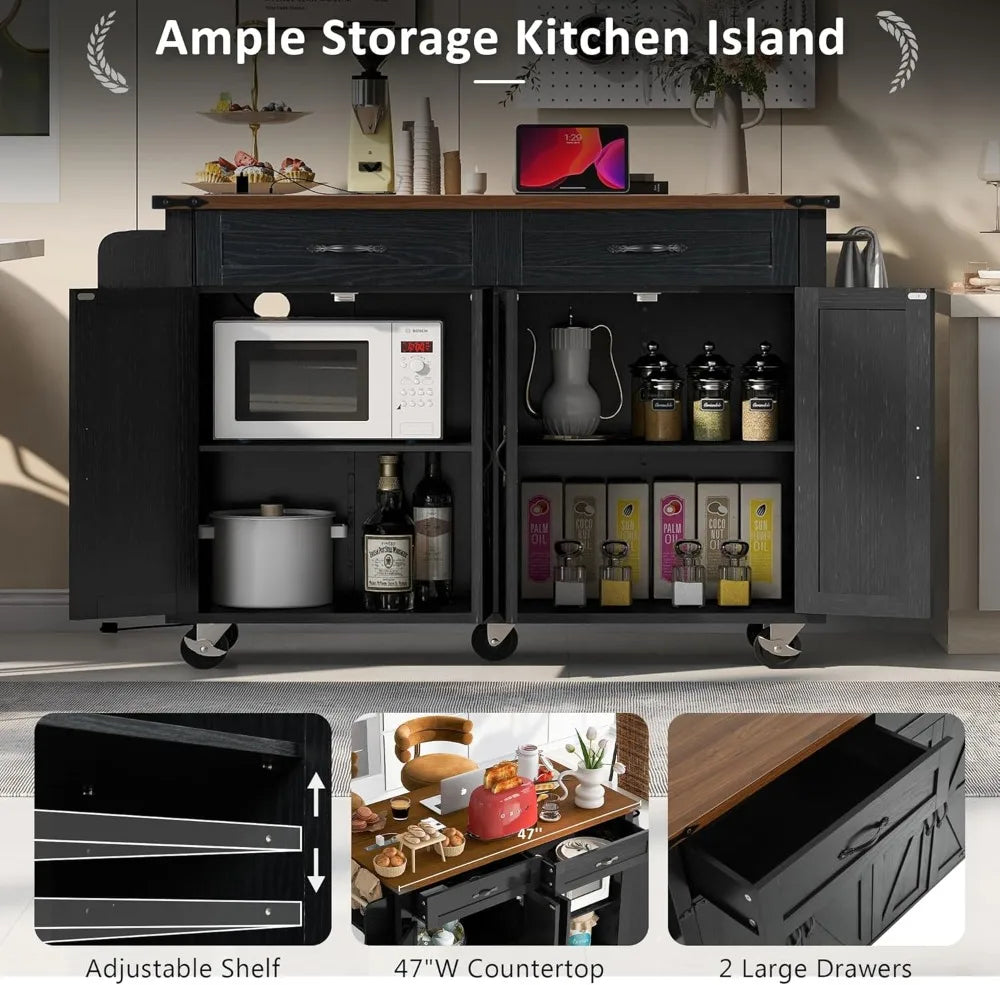 Farmhouse Rolling Kitchen Island With Power Outlet And Storage Cart