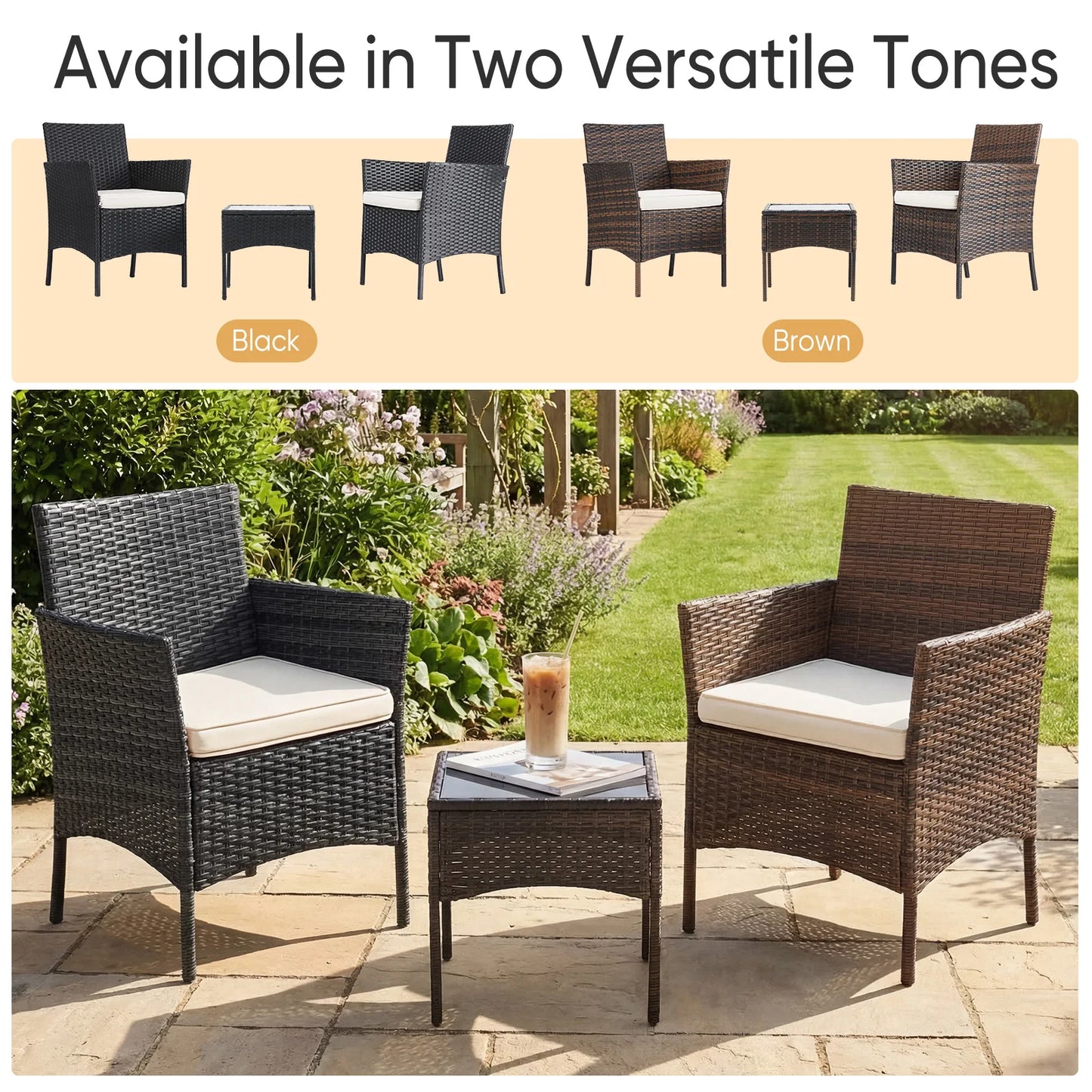 JHK Outdoor 3-Piece Wicker Patio Furniture Set With Glass Table