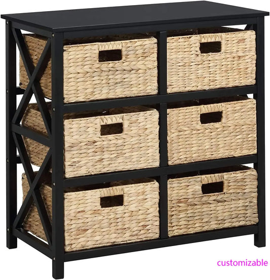 XMSJ 3 Tier X-Side End Storage Cabinet With 6 Wicker Baskets