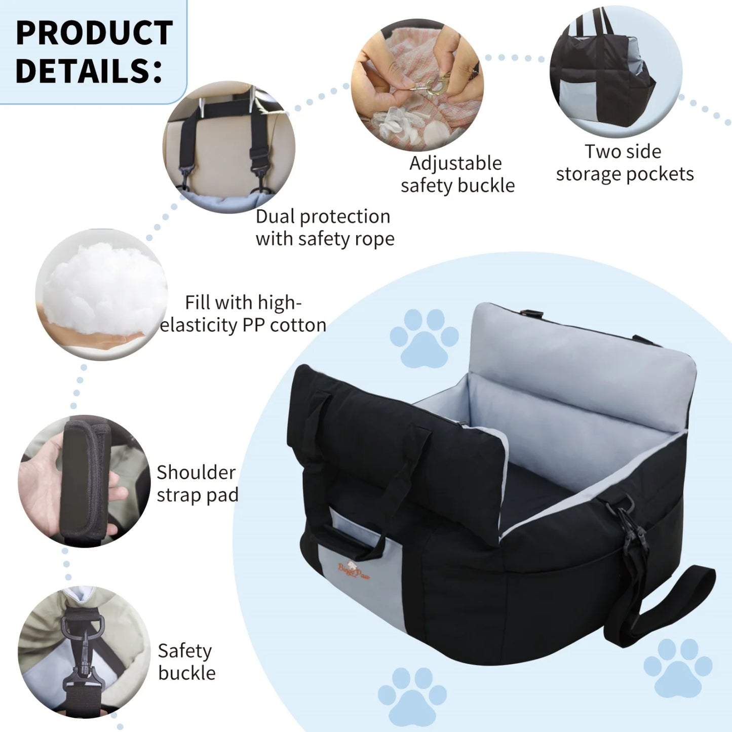 BINGOPAW Small Dog Car Seat Booster With Safety Belt