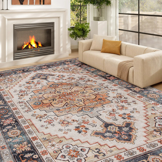 Machine Washable Vintage Area Rug With Modern Geometric Pattern
