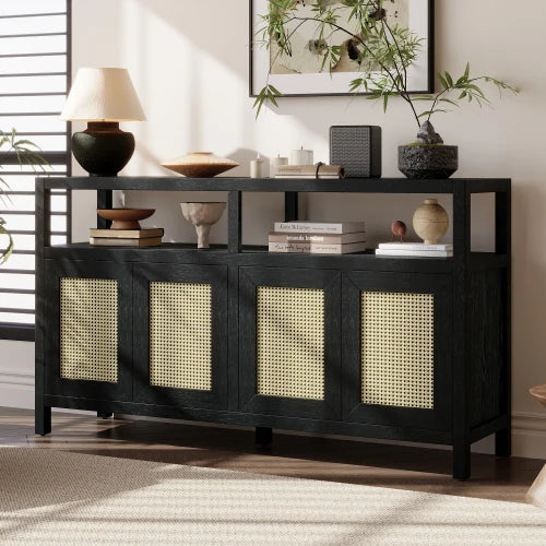 Solid Wood Rattan Buffet Cabinet With Adjustable Shelves Bohemian Style