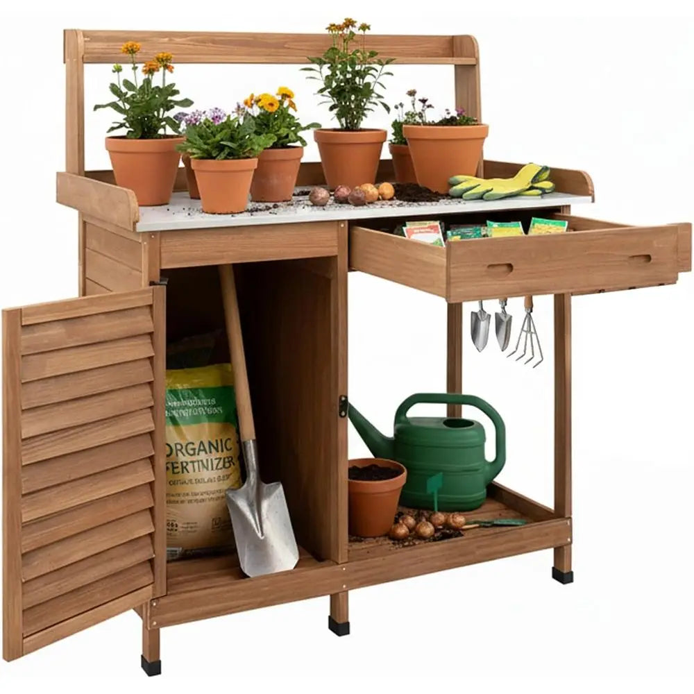Potting Bench Table With Storage Cabinet Outdoor Garden Workstation