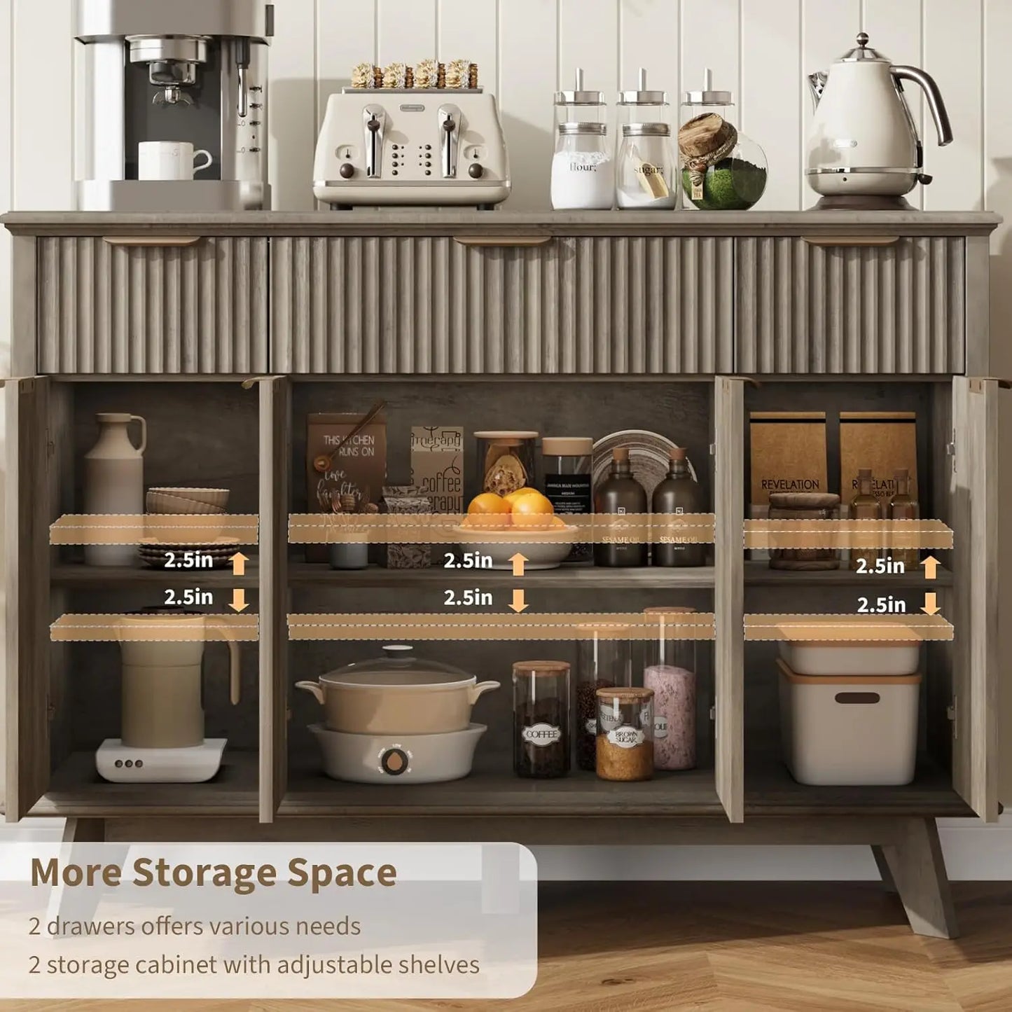 QUW Fluted Sideboard Buffet Cabinet With Charging Station